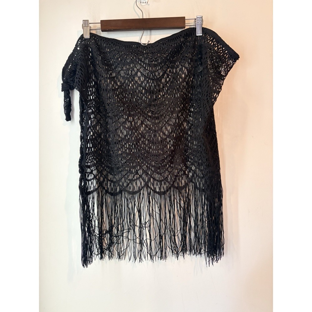 Y2K Black Crochet‎ Fringe Wrap Skirt Sheer Beach Boho Festival